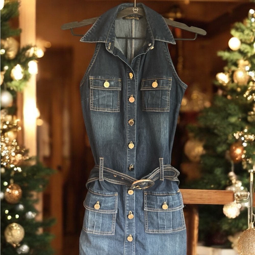 Denim Sleeveless Mini Dress - Picture 1 of 3